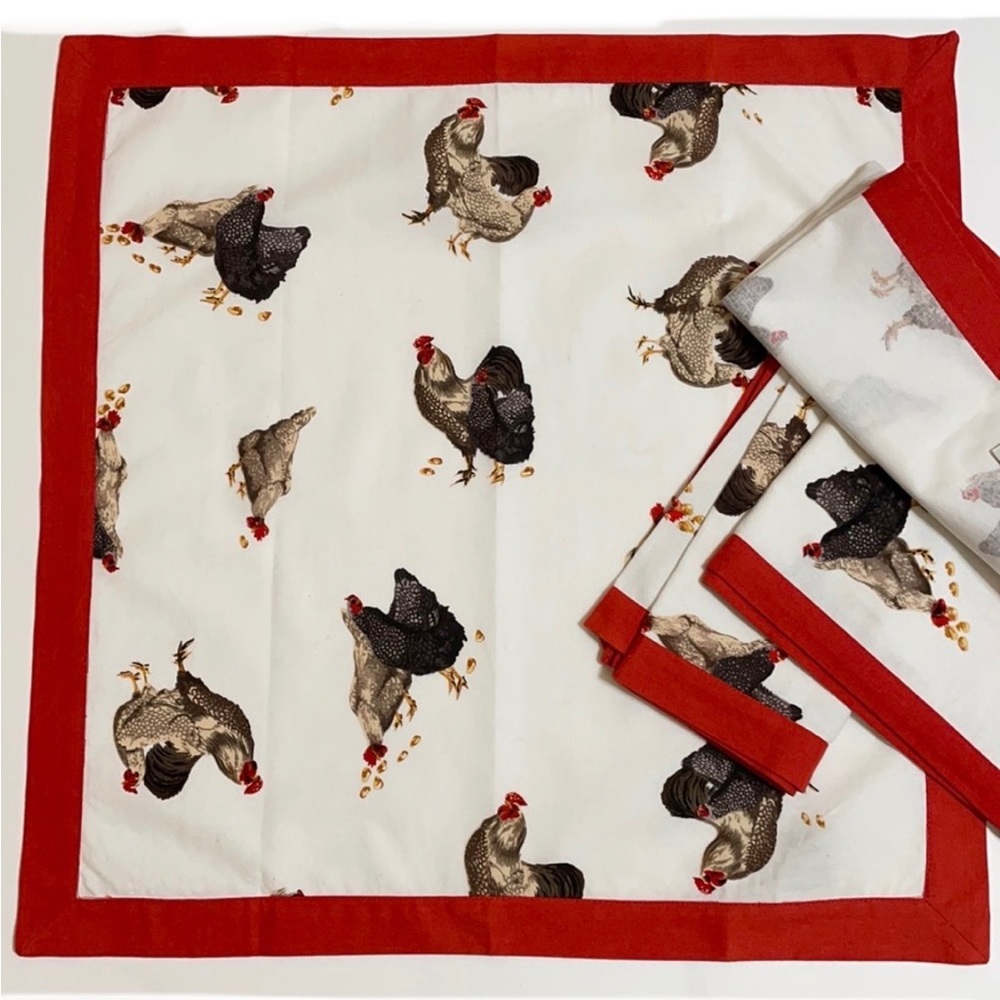 New NOBILITY Cotton Napkins Chicken Print Red and White Set of 4